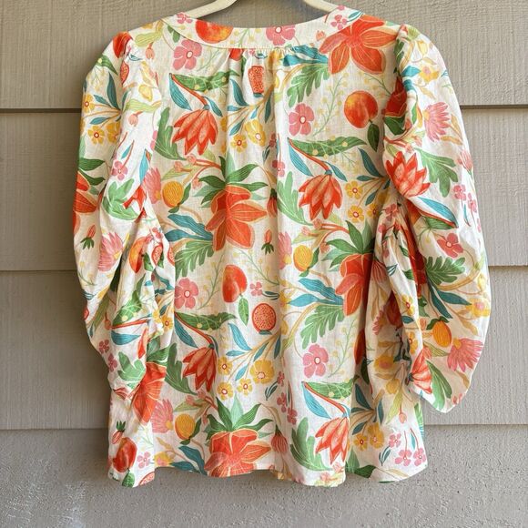 C&C California Linen Blend Floral Peasant Blouse Boho Puff Sleeve Top Sz M - Picture 2 of 7